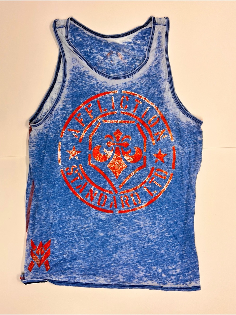 Affliction Men’s Blue Graphic Tank Top with Orange Logo